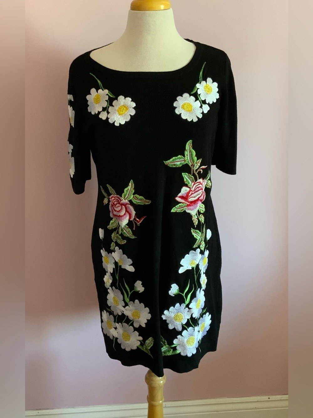 Black Mini Dress with White Daisy & Pink Rose Embroidery